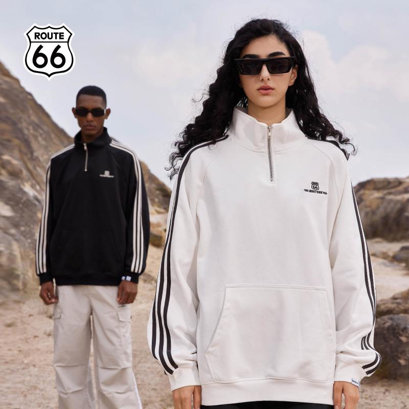 スウェット 男女兼用 お揃い 立ち襟 襟付き 半開きのファスナー アメリカ風 昔ながらのデザイン カジュアル スポーツ ゆったりとした 大きめなシルエット 綿 ポリエステル 生成り色 黒 春秋 流行 普段使い アウトドア