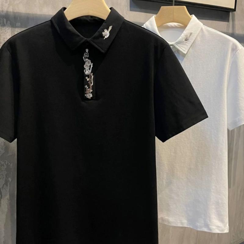 ポロシャツ メンズ 半袖 梅花刺繍 新中華風 襟付き ゆったり カジュアル 普段使い 春夏 ブラック ホワ..