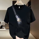 Tシャツ メンズ 厚手 コットン 半袖 丸首 ゆったり ゆとりのあるデザイン 黒 ブラック 流行 おしゃれ 普段使い カジュアル 春夏 通気性 お手入れ簡単