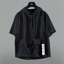 Tシャツ フード付き 半袖 ゆったり 大きめ ポリエステル ファスナー付きポケット 作業着風 韓国ファッション ストリート系 カジュアル レジャー 普段使い アウトドア 男女兼用 春夏