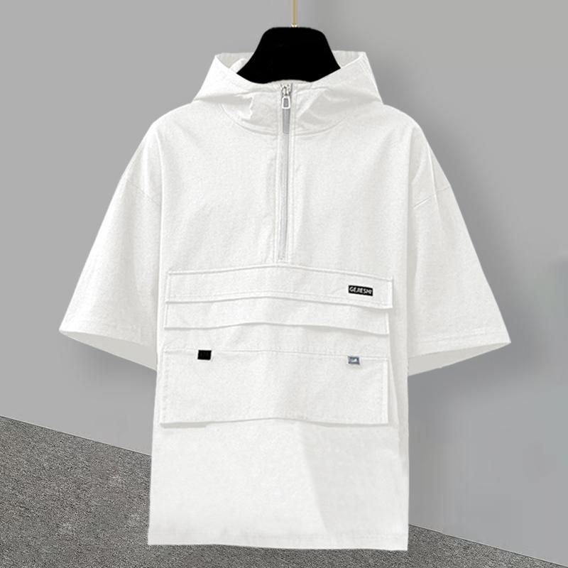 Tシャツ メンズ 半袖 フード付き 接触冷感 薄手 ゆったり 切り替え 韓国風 トレンド カジュアル ストリートファッション ゆったりとしたシルエット 夏 トップス プルオーバー ポリエステル ブラック ホワイト