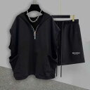 上下セット メンズ 袖なし Tシャツ フード付き ベスト ゆったり 短パン 半ズボン 夏 薄手 無地 韓国風 おしゃれ 気軽な お揃い