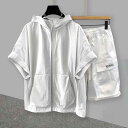 半袖 Tシャツ セットアップ 男女兼用 フード付き ジップアップ ショートパンツ ハーフパンツ ゆったり ビッグシルエット カジュアル スポーツ 普段着 夏