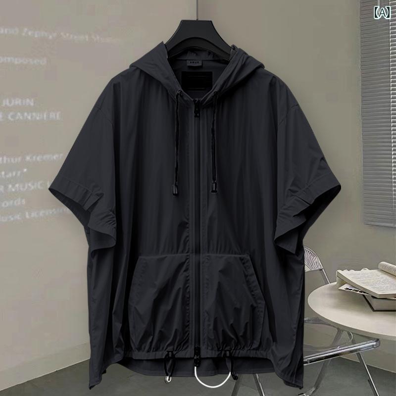 Tシャツ メンズ 半袖 ジップアップ フード付き ビッグシルエット ゆったり ストリート 韓国風 ポリエステル 薄手 軽量 吸湿速乾 夏 アウトドア カジュアル