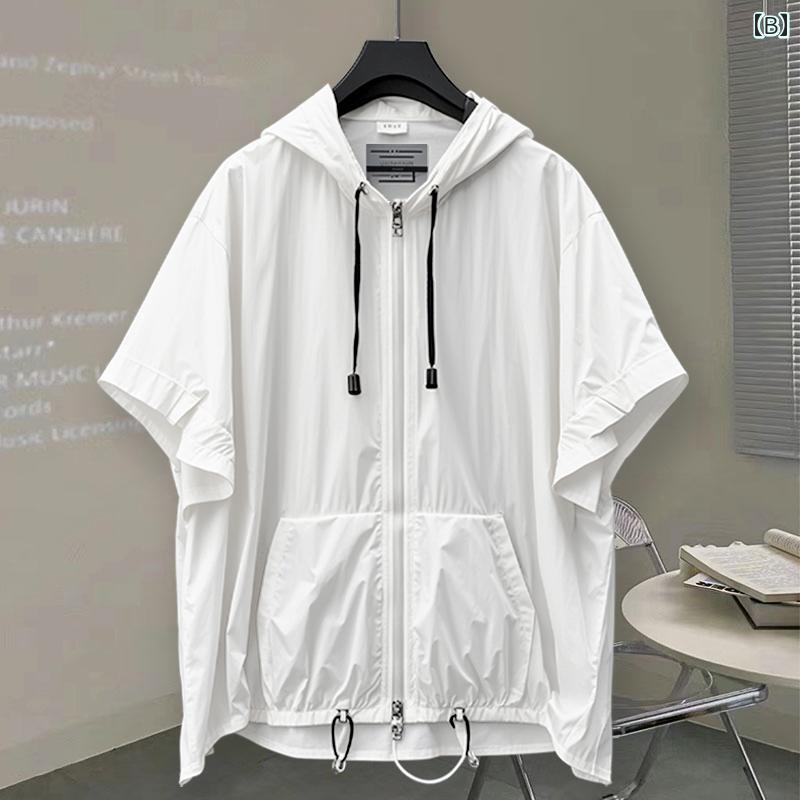 Tシャツ メンズ 半袖 ジップアップ フード付き ビッグシルエット ゆったり ストリート 韓国風 ポリエステル 薄手 軽量 吸湿速乾 夏 アウトドア カジュアル