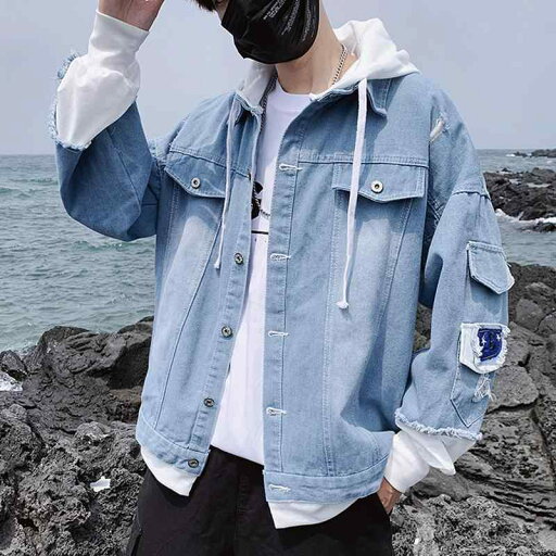 デニムジャケット 男性向け フード付き 切り替えデザイン ゆったりとした大きめ カジュアル ストリート おしゃれ トレンド 春秋アウター デニムジャケット 男性向け フード付き 切り替えデザイン ゆったりとした大きめ カジュアル ストリート おしゃれ トレンド 春秋アウター