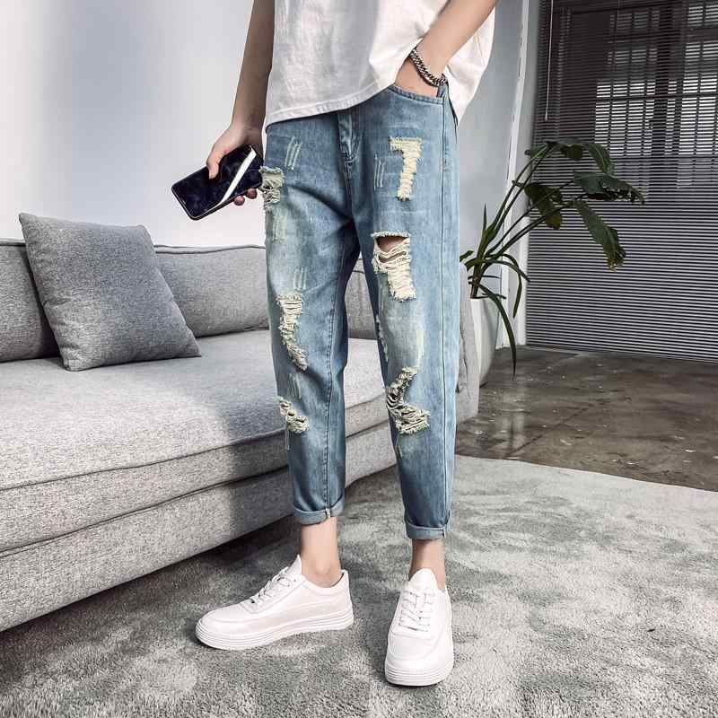 デニムパンツ メンズ 春夏 アンクル丈 スキニー ダメージ加工 クラッシュ 細身 薄手 綿混 ストレッチ ..