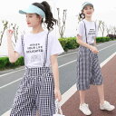 上下セット 半袖 Tシャツ サロペット 半ズボン 女の子 子ども 学生 女子 格子柄 七分丈 ゆったり 普段着 綿 春夏 薄手 通学 普段使い 白黒