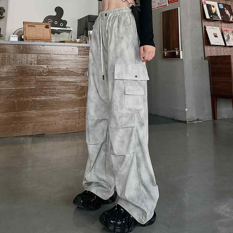 カーゴパンツ ガールズ ジュニア 学生 タイダイ染め ゆったりとしたワイドレッグ 春秋 綿混 ナイロン ポリウレタン カジュアル ストリートファッション ブラック ピンク アイボリー