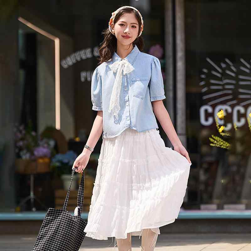 セットアップ ジュニア ガールズ 夏 デニム シャツ ポロ襟 半袖 パフスリーブ リボン プリーツ ティアードスカート ミモレ丈 薄手 甘め かわいい カジュアル 綿