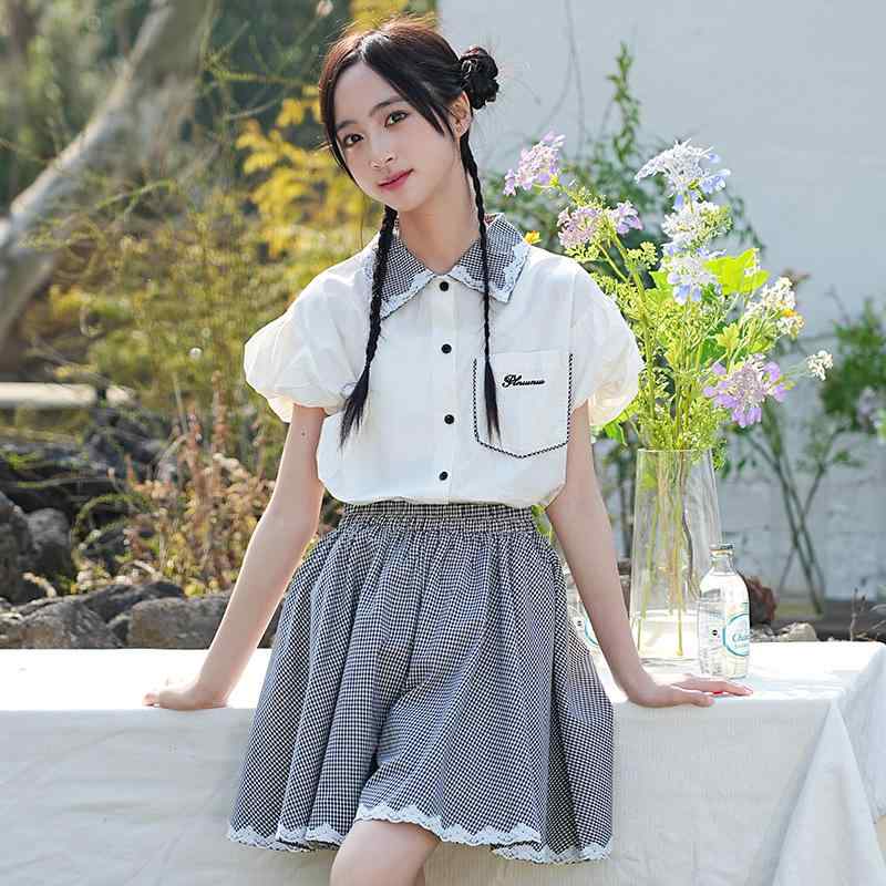 上下セット ジュニア 女の子 ポロ襟 半袖 パフスリーブ 綿 格子柄 Aラインスカート 夏 通学 スクール カジュアル 流行 かわいい 薄手 刺繍 ベージュ 黒