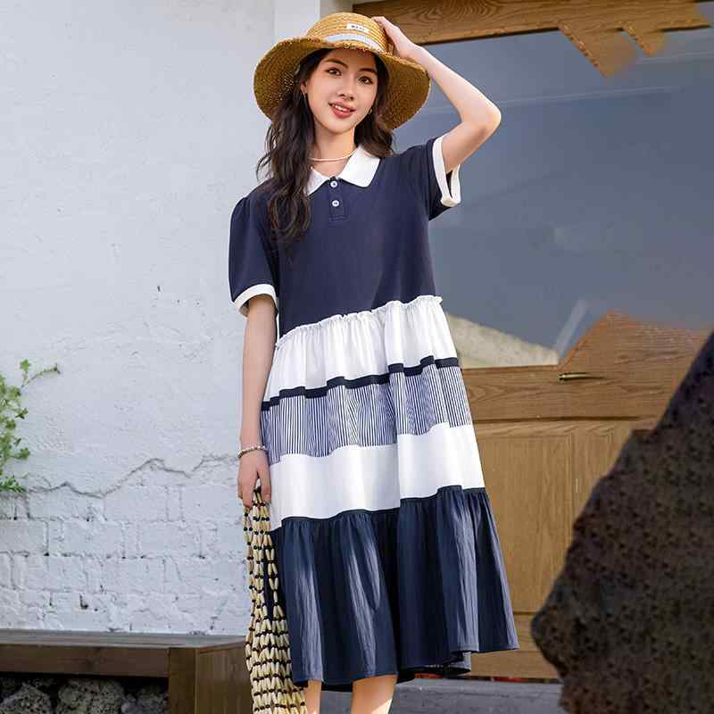 ワンピース 女の子 ジュニア 中学生 ロング丈 半袖 夏 綿混 薄手 Aライン スクール風 切り替え フリル パフスリーブ カジュアル