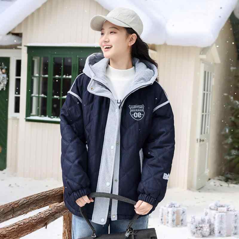 中綿ジャケット 女の子 ジュニア カジュアル 厚手 防寒 フード付き ジッパー 切り替え ポケット付き ストレートシルエット 長袖 アウター 通学 ネイビー 秋冬