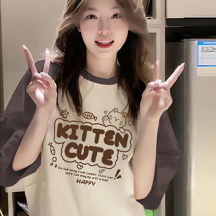 Tシャツ レディース 女の子 中学生 高校生 学生 ジュニア 綿 半袖 ラグランスリーブ 丸首 ゆったり 大きめサイズ プリント トップス 春夏 カジュアル 通学 普段使い