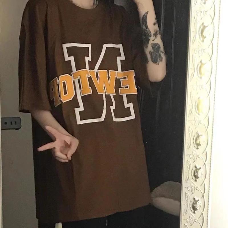 Tシャツ レディース 女の子 中学生 高校生 大学生 アメリカンレトロ ヴィンテージ風 綿 コットン 半袖 プリント 丸首 ゆったり ビッグシルエット 体型カバー 長すぎない丈 薄手 接触冷感 トップス 春夏 コーヒー色、茶色