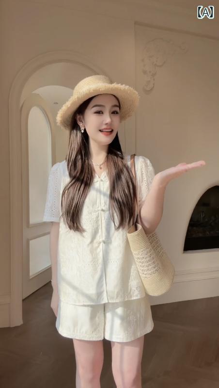 レディース ファッション 夏 服 塩 軽量 涼しい チャイナ風 シャツ ショート パンツ 夏 セットアップ