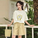 上下セット 女の子 中学生 半袖 Tシャツ 半ズボン 夏 薄手 韓国風 普段着向き 普段使い 服装 ベージュ