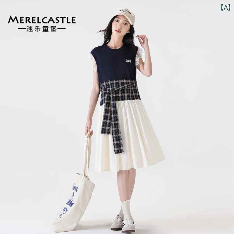 ワンピース 女の子 女児 ジュニア 夏 薄手 ミモレ丈 丸首 半袖 パフスリーブ 切り替え Aライン 無地 紺色 学生 中学生 通学 普段使い カジュアル おしゃれ