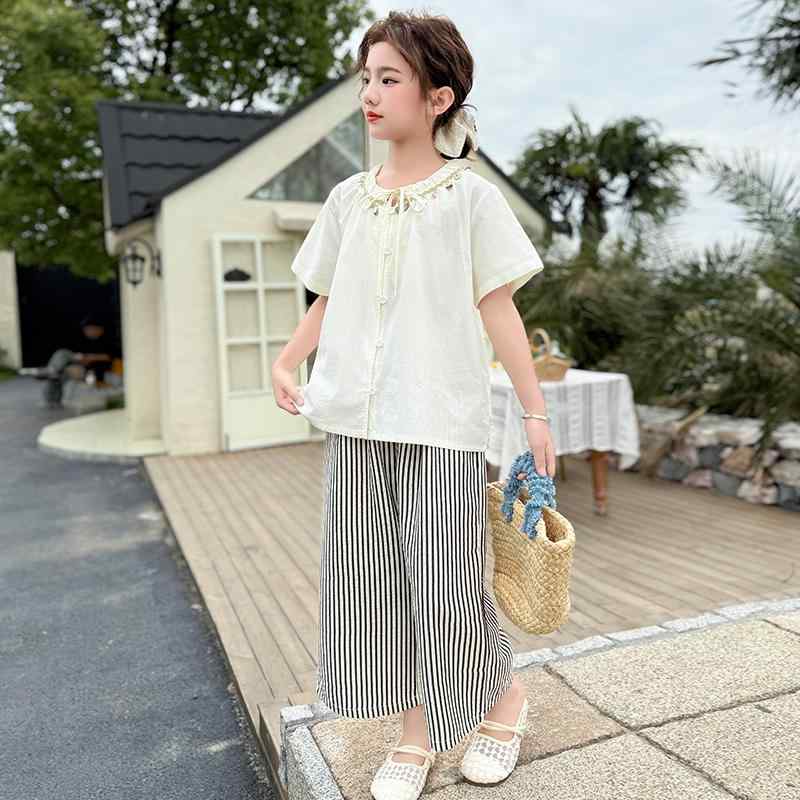 セットアップ キッズ ガールズ ジュニア 中学生 春夏 おしゃれ 普段使い 日常使い 通学 ストライプ柄 パンツ 2点セット 薄手 トップス