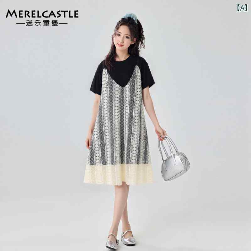 ワンピース 中学生の女の子 夏 薄手 ドッキング 重ね着風 ミディ丈 パフスリーブ 半袖 丸首 Aライン おしゃれ かわいい 個性的 黒