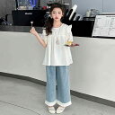 セットアップ 子供用 女の子 ジュニア 春夏 薄手 カジュアル チュニック ブラウス 上着 ズボン 上下セット 中学生 普段使い アイボリー ブルー
