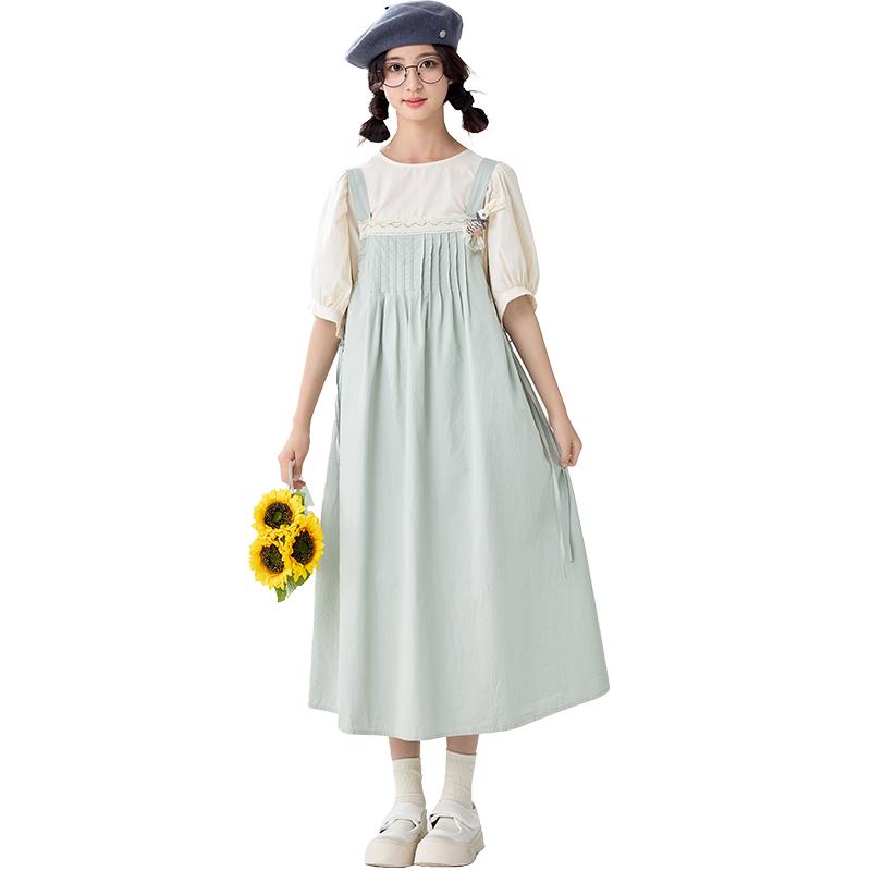 ジャンパースカート 女の子 女児 ジュニア キッズ 中学生 かわいい ワンピース Aライン ミモレ丈 ゆったり カジュアル 普段使い 通学 春夏 水色 ブルー系