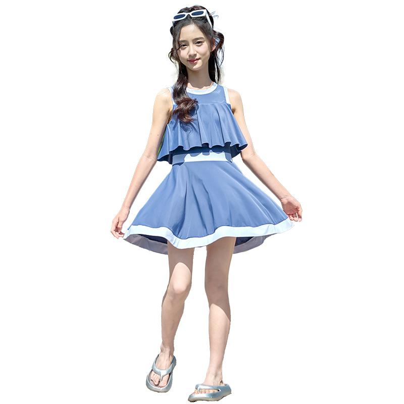 水着 女の子 お子様 小学生 中学生 女子 一体型 プリンセス風 かわいい おしゃれ 体型カバー 海 プール 海水浴 リゾート 旅行 夏 ブルー系