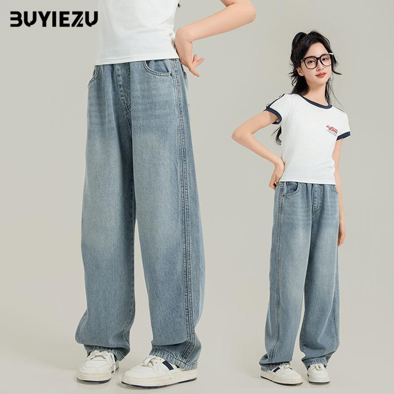 デニムパンツ 女の子 女児 小学生 中学生 若者層向け 春秋 カジュアル ストレート ゆったり 普段使い 通学 綿 ポリエステル ブルー