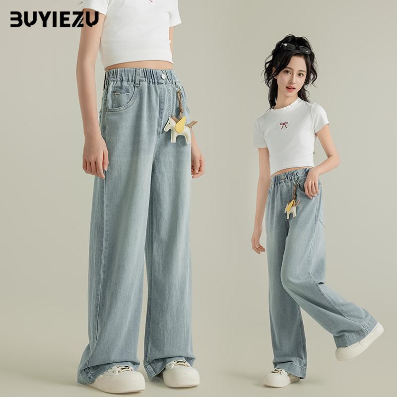 デニムパンツ 女の子 ジュニア 中学生 薄手 ゆったり 幅広 ストレート 春夏 綿 青 普段着 普段使い 軽量