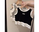 Tシャツ 女の子 袖なし タンクトップ 綿 レース 切り替え 丸首 流行のスタイル おしゃれ かわいい 薄手 春夏 着回し 普段使い グレー 黒 白