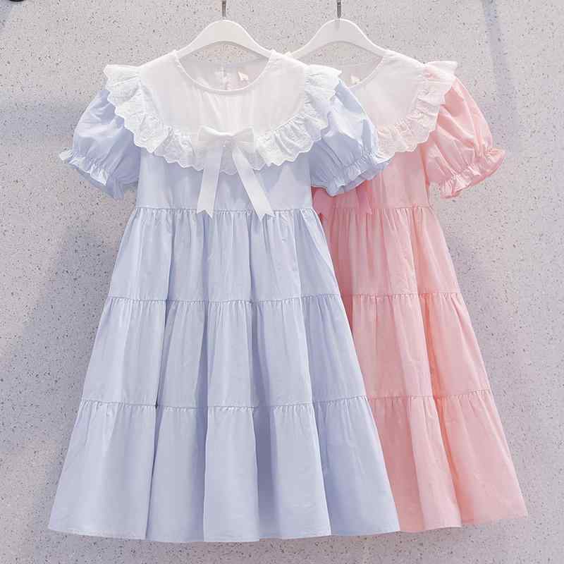 ワンピース 女の子 キッズ プリンセスドレス 夏物 薄手 コットン レース フリル パフスリーブ ラウンドネック 通気性 やわらか 可愛らしい フォーマル お出かけ ブルー ピンク ミディ丈