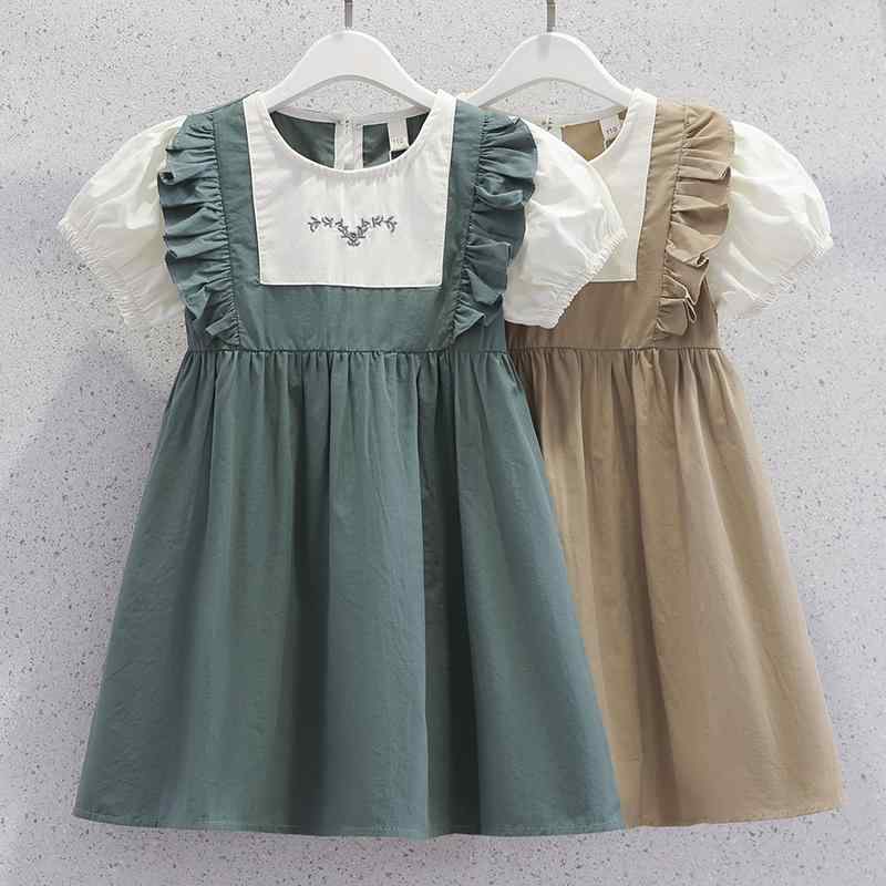 ワンピース キッズ 女の子 一体型 ジャンパースカート 綿 薄手 軽量 フリル パフスリーブ Aライン ミモレ丈 春夏 カジュアル 普段使い お出かけ モスグリーン カーキ