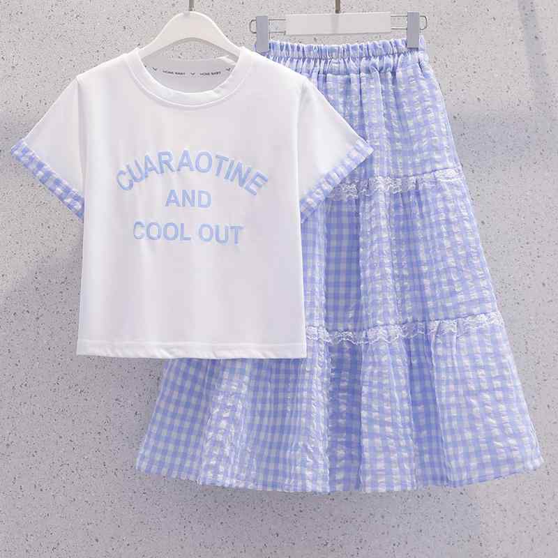 子供用 上下セット 女の子 女児 春夏 半袖 おしゃれ チェック柄 ティアードロングスカート 2点セット 綿 伸縮性 通気性 薄手 普段使い お出かけ 青