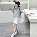 女の子用ワンピース おしゃれな ポロ襟 スクール風 ストライプ ボーダー バルーンシルエット コクーンシルエット 半袖 春夏 普段使い 通気性 ハイウエスト グレー