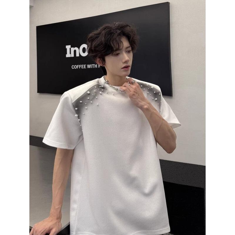 Tシャツ 男女兼用 春夏 肩当て 珠飾り 吹き付け デザイン 綿 厚手 接触冷感 大きめの型 ゆったり カジ..