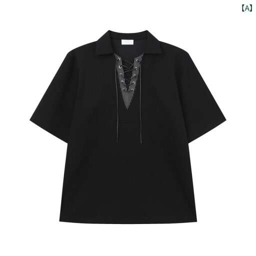 Tシャツ 男女兼用 半袖 重ね着風 ポロシャツ 切り替え Vネック 肩パッド 絞り紐 コットン 薄手 ゆったりシルエット 肩落ち 夏 ストリート系 個性的 高級感 普段使い