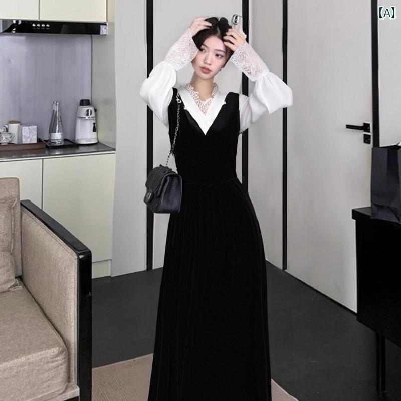 レディース ファッション おしゃれ フレンチ レース ステッチ 春 起毛 快適 フェイク セットアップ スリム ドレス