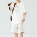 Tシャツ セットアップ メンズ 半袖 無地 カジュアルな風合い 接触冷感 薄手 軽量 ゆったり クルーネック 夏 スポーツ カジュアル 普段使い レジャー