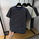 Tシャツ メンズ 大きめ 半袖 春夏 通気性 接触冷感 ゆったり 配色 縦縞 丸首 カジュアル 普段使い 日常使い ポリエステル混 象牙色 黒 紺