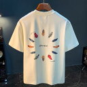 Tシャツ メンズ 半袖 夏 ゆったり カジュアル プリントTシャツ グラフィック 速乾 薄手 軽量 クルーネック 接触冷感 高級感 普段使い アプリコット 濃いグレー