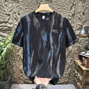 Tシャツ メンズ アメリカン レトロ 水墨画プリント ゆったり ビッグシルエット オーバーサイズ 接触冷感 吸湿速乾 クルーネック 半袖 春夏 あんず色 黒 ポリエステル混紡