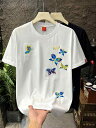 Tシャツ メンズ 蝶 刺繍 高級感 個性的 デザイン ゆったり クルーネック 綿 ポリエステル混紡 通気性 シワ防止 春夏 ファッション 流行 欧米風 カジュアル トップス ブラック ホワイト