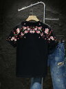 Tシャツ メンズ 夏 中国風 高級感 梅の花 刺繍 半袖 丸首 カットソー ゆったり オーバーサイズ 接触冷感 綿 ポリエステル トップス カップル ペア 黒 白