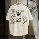 Tシャツ メンズ クルーネック 半袖 ぷっくりとしたデザイン キャラクター刺繍 アニメ柄 ゆったり 流行 シンプル カジュアル 普段使い 着回し 綿混 薄手 通気性 レギュラー丈 夏 黒 白 バラ色