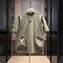 Tシャツ メンズ 男性用 トップス クルーネック 半袖 ドロップショルダー ポケット付き 刺繍 ゆったり 通気性 綿混素材 着回し カジュアル 普段使い 春夏 ブラック カーキ ホワイト