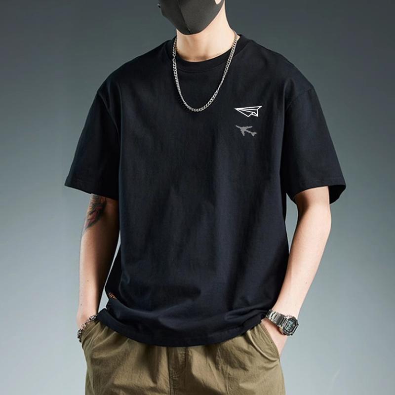 Tシャツ メンズ 綿 厚手 ゆったりシルエット 丸首 夏 カジュアル 普段使い プリント 幾何学模様 通気性 白 黒 グレー カーキ ネイビー