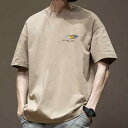 Tシャツ メンズ トップス 純綿 コットン 半袖 クルーネック ゆったり 大きめ プリント柄 幾何学模様 通気性 夏 普段使い 日常着 カジュアル