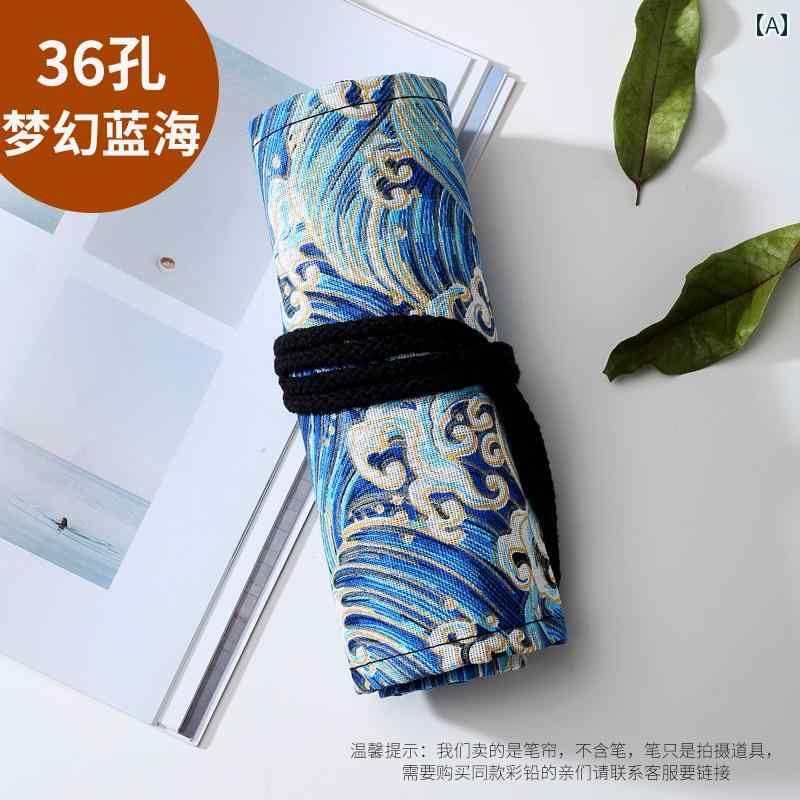 筆入れ 36 48 72 穴 ペンシル カーテン ロール ペン バッグ キャンバス 落下防止 スケッチ 中国風 レト..