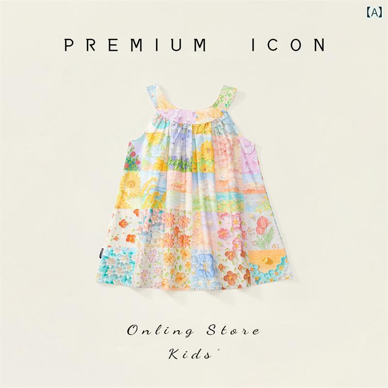 子供服 女の子 キッズ かわいい おしゃれ 夏 韓国 油絵 綿 ノースリーブベスト ホルターネック サスペンダー