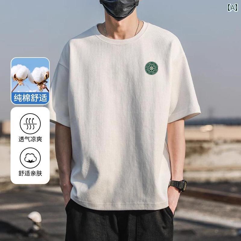 Tシャツ メンズ 半袖 綿 厚手 丸首 肩落ち アメリカ風ストリートスタイル ストリートファッション プリント柄 着回し 普段使い カジュアル 夏 通気性